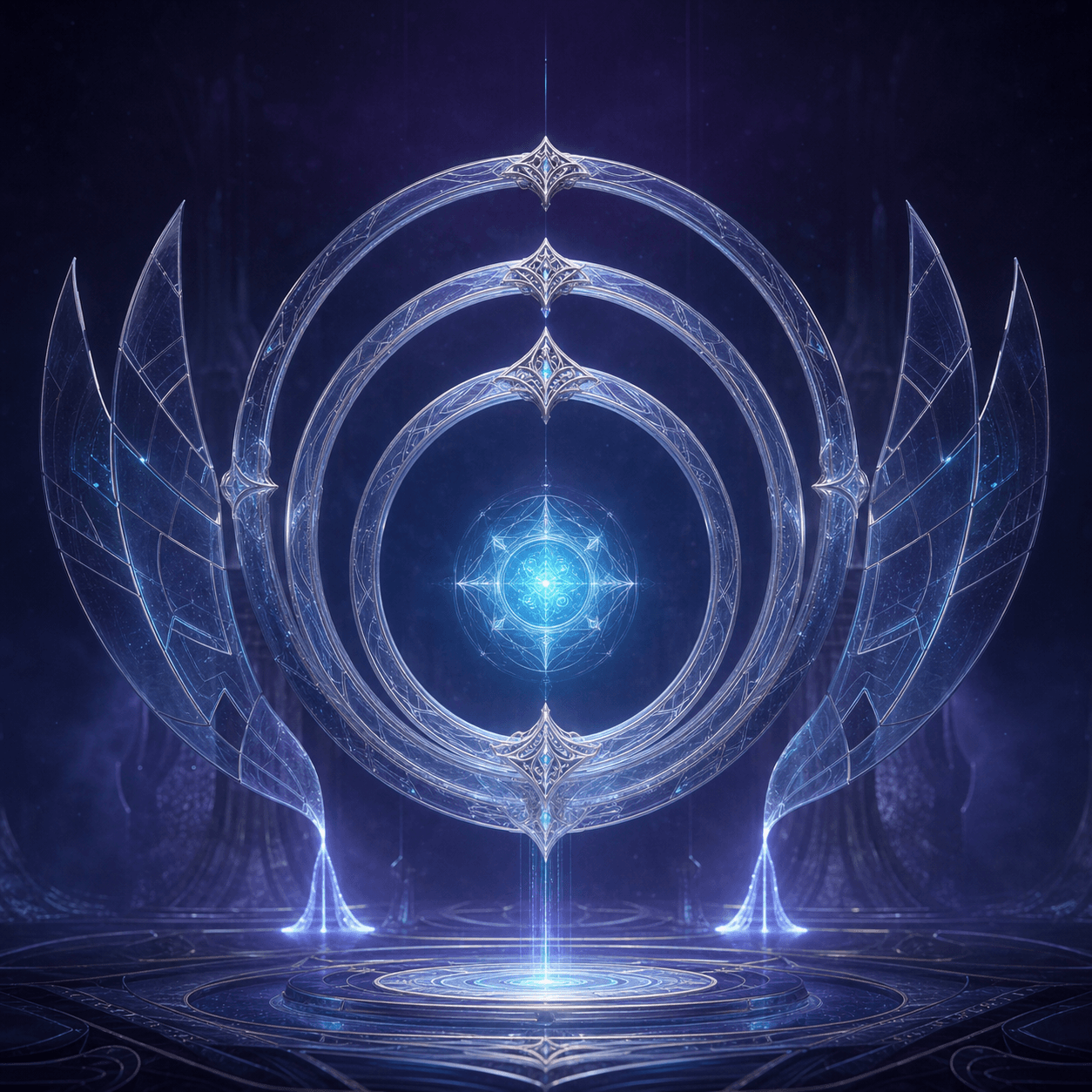 AI-generated crystalline governance gate with cyan approval core and translucent guardian rings